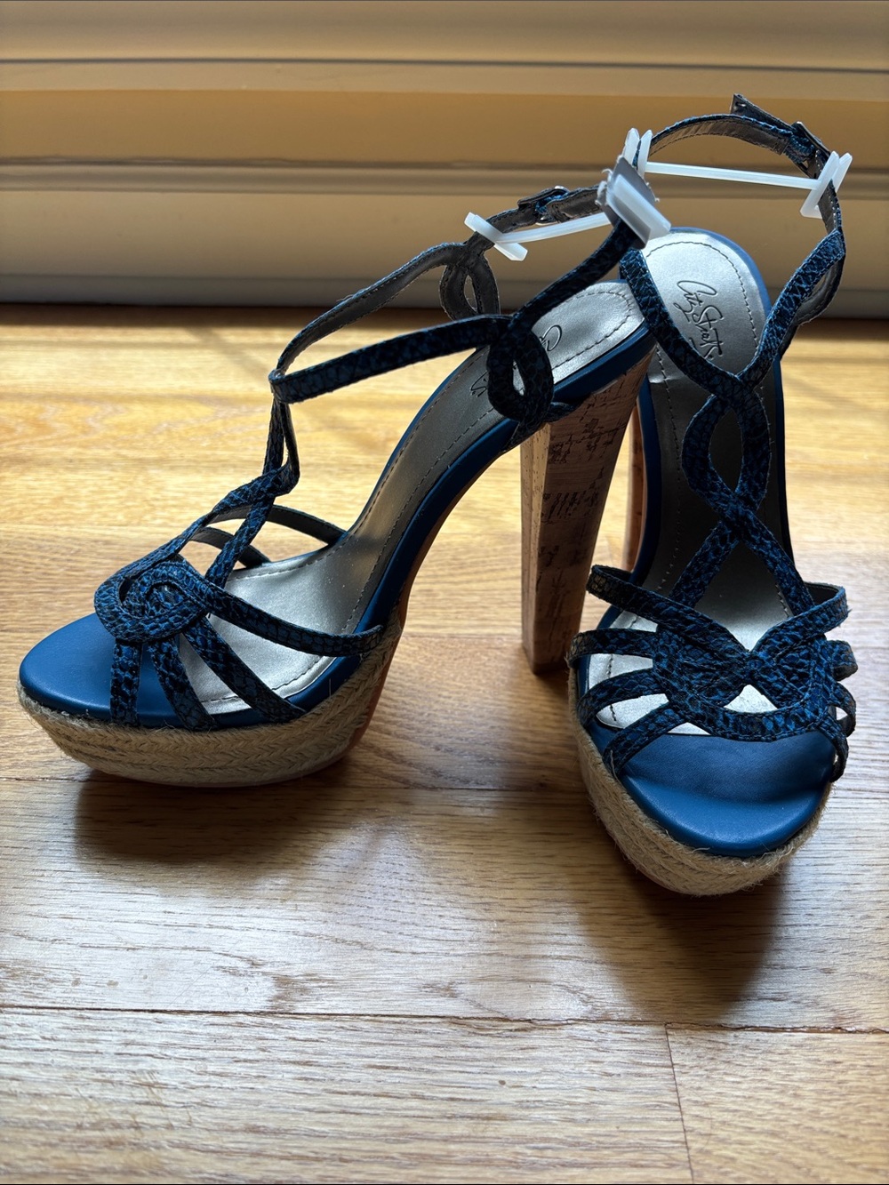 Cesare Paciotti Blue Woven Platform Cork Heel Sandals